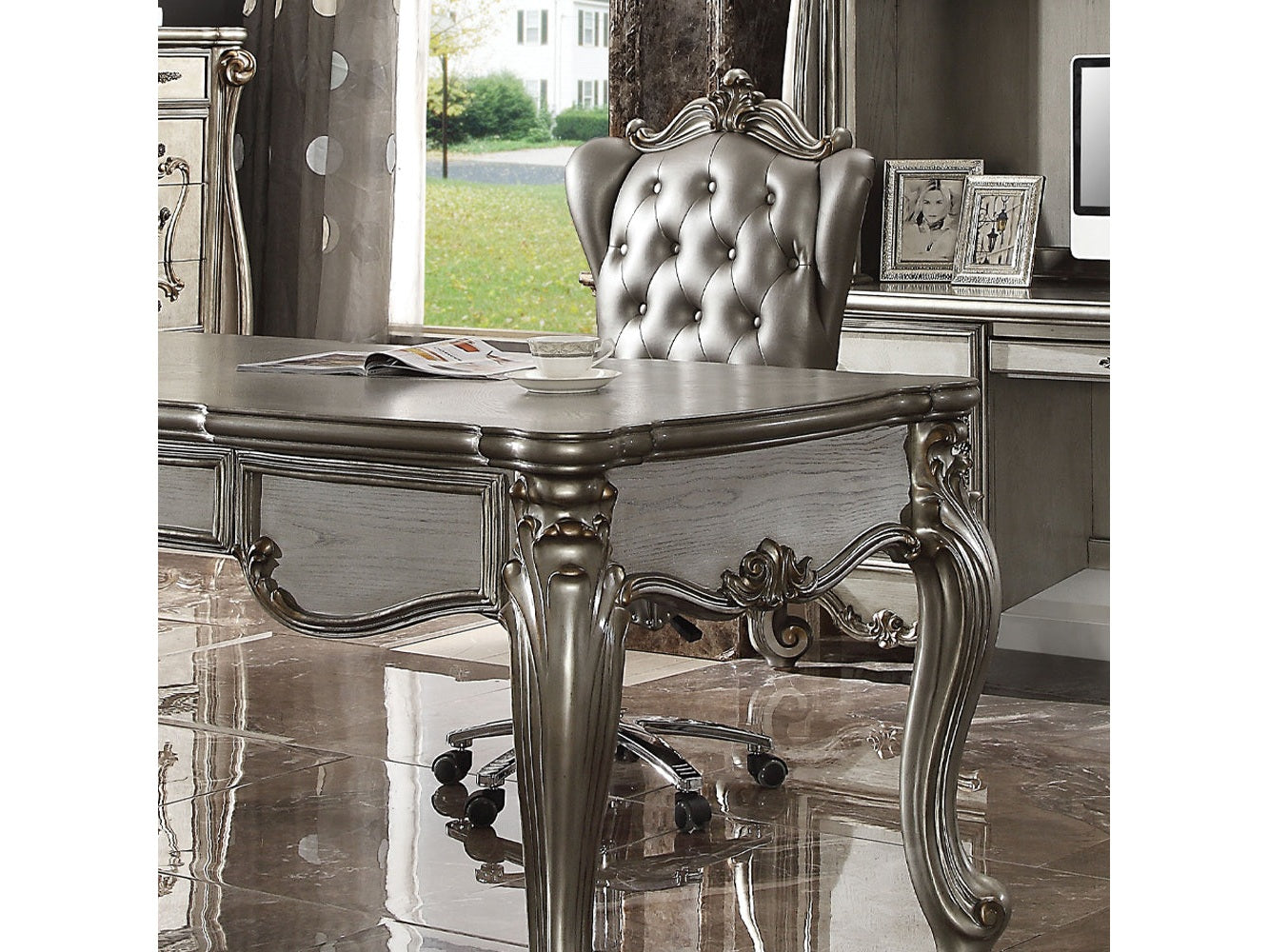 Versailles Silver PU & Antique Platinum Office Chair - Ornate Home