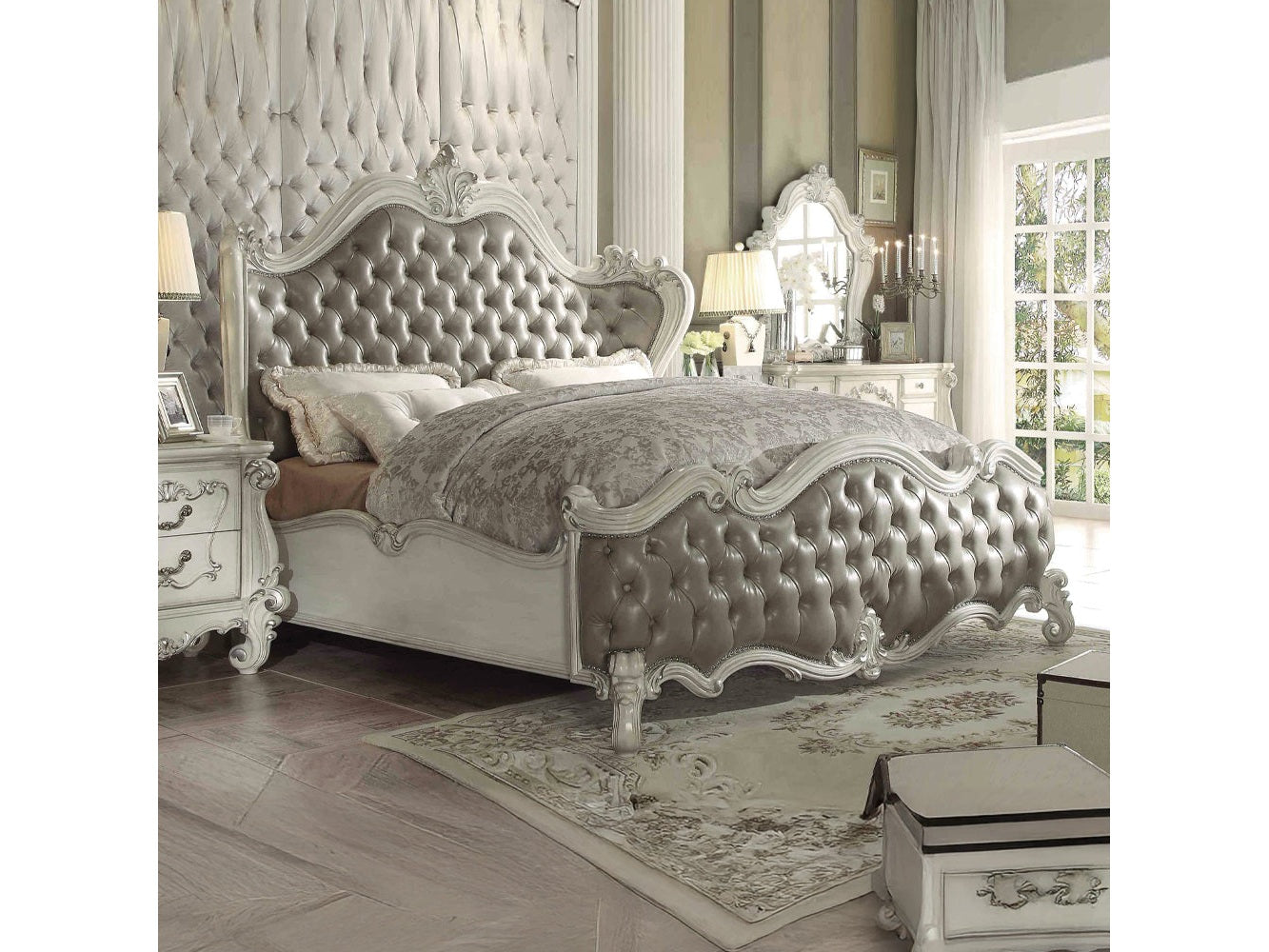 Versailles Vintage Gray PU & Bone White California King Bed - Ornate Home