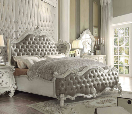 Versailles Vintage Gray PU & Bone White Queen Bed - Ornate Home