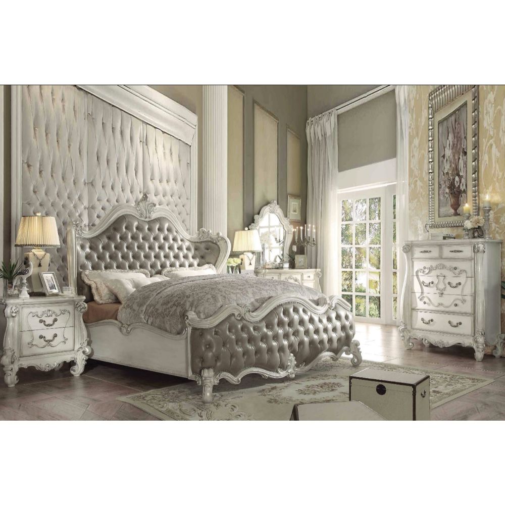 Versailles Vintage Gray PU & Bone White Queen Bed - Ornate Home