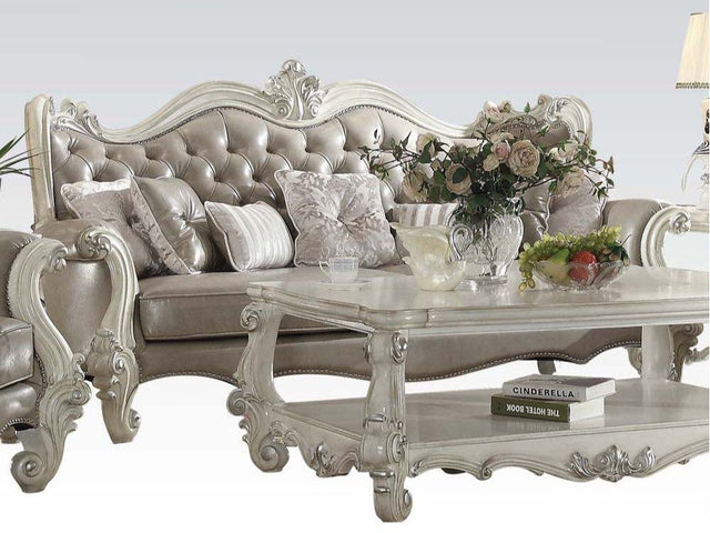 Versailles Vintage Gray PU & Bone White Sofa w/7 Pillows - Ornate Home