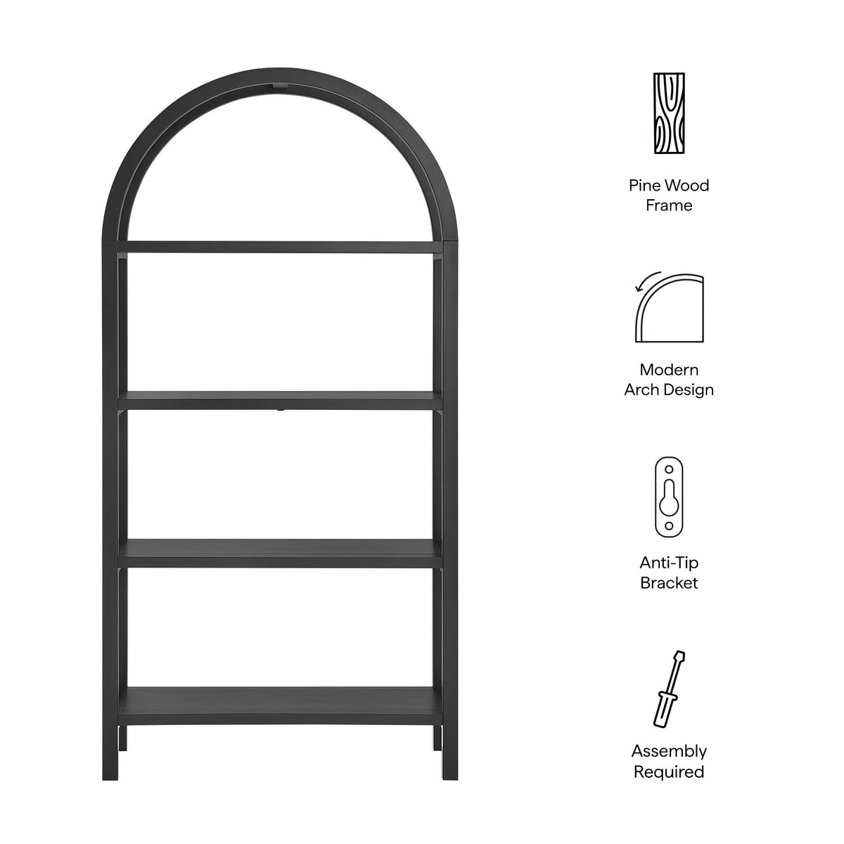 Vexley Black 72 Inch Large Arched Bookshelf - Ornate Home