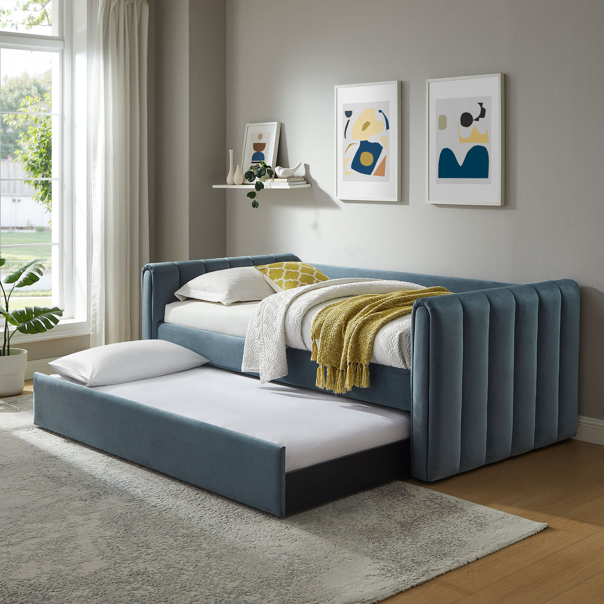 Veyla Cadet Blue Channel Tufted Performance Velvet Twin Daybed With Trundle - Ornate Home