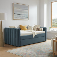 Veyla Cadet Blue Channel Tufted Performance Velvet Twin Daybed With Trundle - Ornate Home