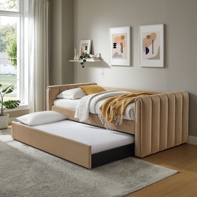 Veyla Taupe Channel Tufted Performance Velvet Twin Daybed With Trundle - Ornate Home