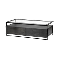 Vidro Black Rectangular Glass Top Solid Wood Drawers & Frame Coffee Table - Ornate Home