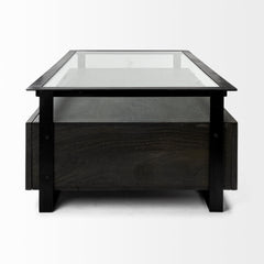 Vidro Black Rectangular Glass Top Solid Wood Drawers & Frame Coffee Table - Ornate Home