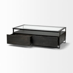 Vidro Black Rectangular Glass Top Solid Wood Drawers & Frame Coffee Table - Ornate Home