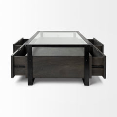 Vidro Black Rectangular Glass Top Solid Wood Drawers & Frame Coffee Table - Ornate Home