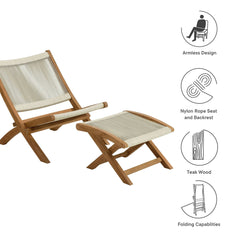Vienna Natural 2-Piece Outdoor Patio Teak and Rope Folding Accent Lounge Chair and Ottoman Set - Ornate Home