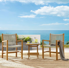 Vienna Natural 3-Piece Outdoor Patio Teak and Rope Armchairs with Folding Side Table - Ornate Home