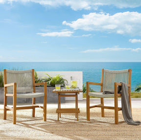 Vienna Natural 3-Piece Outdoor Patio Teak and Rope Armchairs with Folding Side Table - Ornate Home