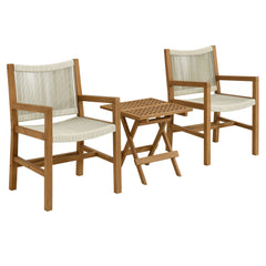 Vienna Natural 3-Piece Outdoor Patio Teak and Rope Armchairs with Folding Side Table - Ornate Home