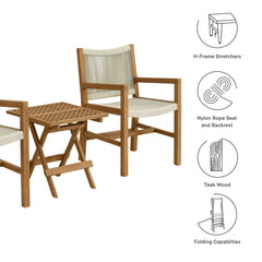 Vienna Natural 3-Piece Outdoor Patio Teak and Rope Armchairs with Folding Side Table - Ornate Home