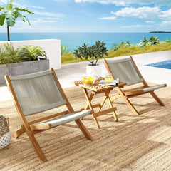Vienna Natural 3-Piece Outdoor Patio Teak and Rope Folding Lounge Chairs and Side Table - Ornate Home