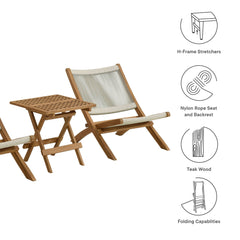 Vienna Natural 3-Piece Outdoor Patio Teak and Rope Folding Lounge Chairs and Side Table - Ornate Home