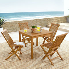 Vienna Natural 5-Piece Outdoor Patio Teak Wood Dining Set with Folding Chairs - Ornate Home