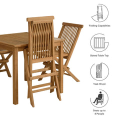 Vienna Natural 5-Piece Outdoor Patio Teak Wood Dining Set with Folding Chairs - Ornate Home