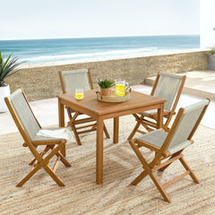 Vienna Natural 5-Piece Outdoor Patio Teak Wood Dining Set with Rope Folding Chairs - Ornate Home