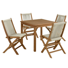 Vienna Natural 5-Piece Outdoor Patio Teak Wood Dining Set with Rope Folding Chairs - Ornate Home