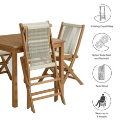 Vienna Natural 5-Piece Outdoor Patio Teak Wood Dining Set with Rope Folding Chairs - Ornate Home