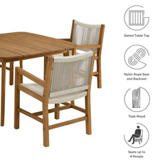 Vienna Natural 5-Piece Outdoor Patio Teak and Rope Dining Set with Armchairs - Ornate Home