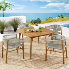 Vienna Natural 5-Piece Outdoor Patio Teak and Rope Dining Set with Curved-Back Armchairs - Ornate Home