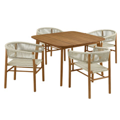 Vienna Natural 5-Piece Outdoor Patio Teak and Rope Dining Set with Curved-Back Armchairs - Ornate Home