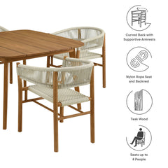 Vienna Natural 5-Piece Outdoor Patio Teak and Rope Dining Set with Curved-Back Armchairs - Ornate Home
