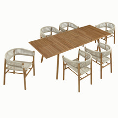 Vienna Natural 7-Piece Outdoor Patio Teak and Rope Dining Set with Curved-Back Armchairs - Ornate Home