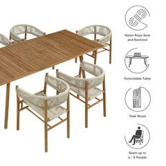 Vienna Natural 7-Piece Outdoor Patio Teak and Rope Dining Set with Curved-Back Armchairs - Ornate Home