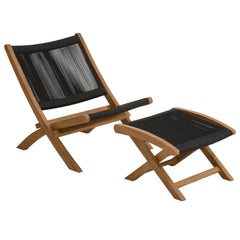 Vienna Natural/Black 2-Piece Outdoor Patio Teak and Rope Folding Accent Lounge Chair and Ottoman Set - Ornate Home