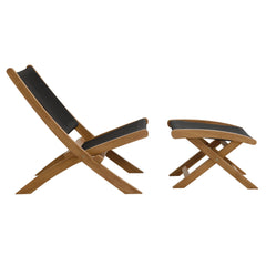 Vienna Natural/Black 2-Piece Outdoor Patio Teak and Rope Folding Accent Lounge Chair and Ottoman Set - Ornate Home