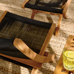 Vienna Natural/Black 2-Piece Outdoor Patio Teak and Rope Folding Accent Lounge Chair and Ottoman Set - Ornate Home