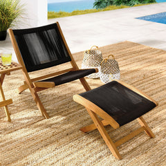 Vienna Natural/Black 2-Piece Outdoor Patio Teak and Rope Folding Accent Lounge Chair and Ottoman Set - Ornate Home