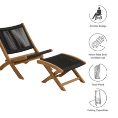 Vienna Natural/Black 2-Piece Outdoor Patio Teak and Rope Folding Accent Lounge Chair and Ottoman Set - Ornate Home