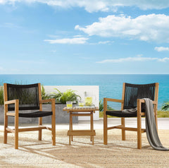 Vienna Natural/Black 3-Piece Outdoor Patio Teak and Rope Armchairs with Folding Side Table - Ornate Home