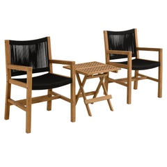 Vienna Natural/Black 3-Piece Outdoor Patio Teak and Rope Armchairs with Folding Side Table - Ornate Home