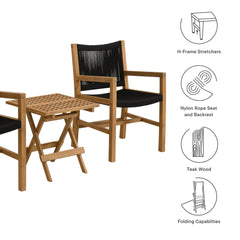 Vienna Natural/Black 3-Piece Outdoor Patio Teak and Rope Armchairs with Folding Side Table - Ornate Home