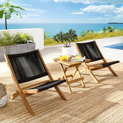 Vienna Natural/Black 3-Piece Outdoor Patio Teak and Rope Folding Lounge Chairs and Side Table - Ornate Home