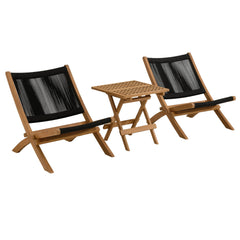 Vienna Natural/Black 3-Piece Outdoor Patio Teak and Rope Folding Lounge Chairs and Side Table - Ornate Home