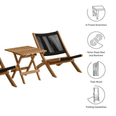 Vienna Natural/Black 3-Piece Outdoor Patio Teak and Rope Folding Lounge Chairs and Side Table - Ornate Home