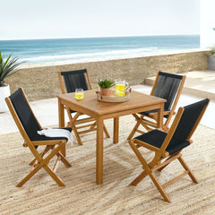 Vienna Natural/Black 5-Piece Outdoor Patio Teak Wood Dining Set with Rope Folding Chairs - Ornate Home