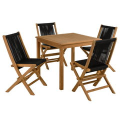 Vienna Natural/Black 5-Piece Outdoor Patio Teak Wood Dining Set with Rope Folding Chairs - Ornate Home