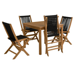 Vienna Natural/Black 5-Piece Outdoor Patio Teak Wood Dining Set with Rope Folding Chairs - Ornate Home