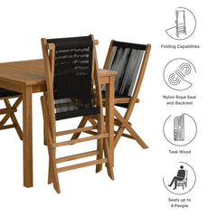 Vienna Natural/Black 5-Piece Outdoor Patio Teak Wood Dining Set with Rope Folding Chairs - Ornate Home