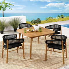 Vienna Natural/Black 5-Piece Outdoor Patio Teak and Rope Dining Set with Curved-Back Armchairs - Ornate Home