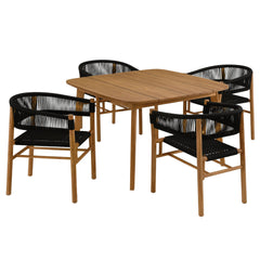 Vienna Natural/Black 5-Piece Outdoor Patio Teak and Rope Dining Set with Curved-Back Armchairs - Ornate Home