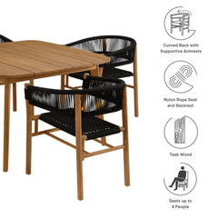 Vienna Natural/Black 5-Piece Outdoor Patio Teak and Rope Dining Set with Curved-Back Armchairs - Ornate Home