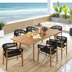 Vienna Natural/Black 7-Piece Outdoor Patio Teak and Rope Dining Set with Curved-Back Armchairs - Ornate Home